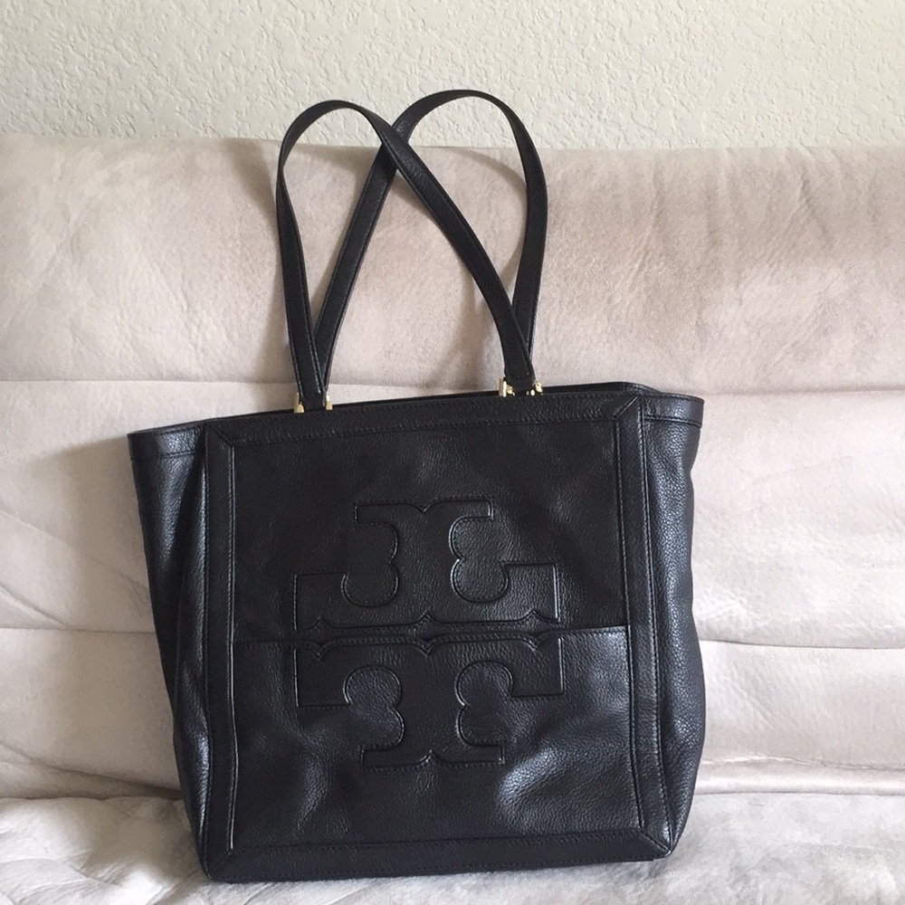 Large Tory Logo Black Leather Tote